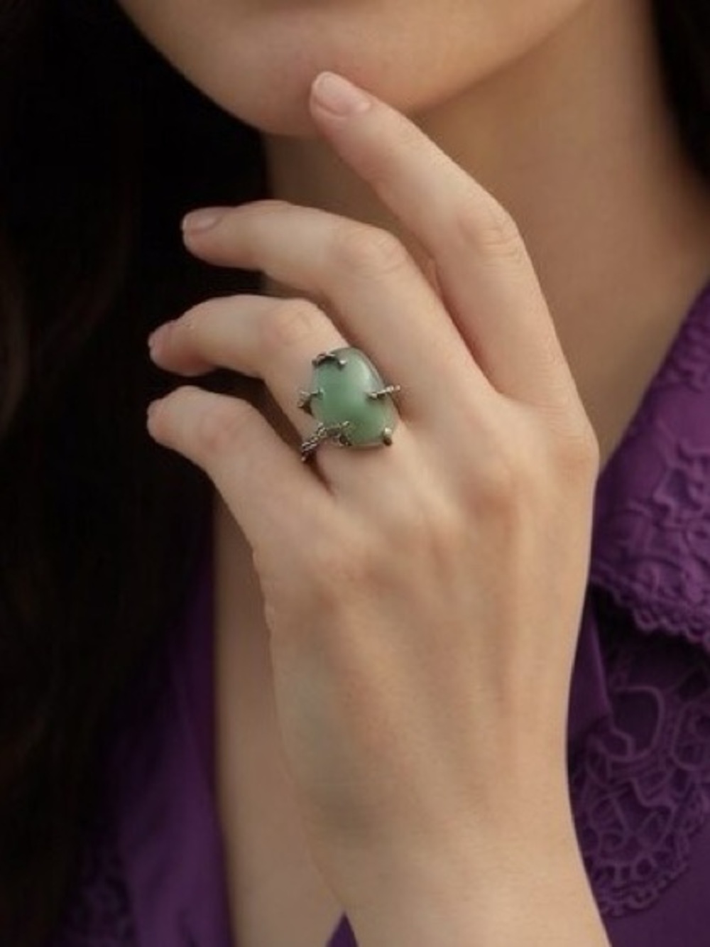Raw Green Aventurine Sterling Silver Adjustable Ring Chunky Claw Boho 925